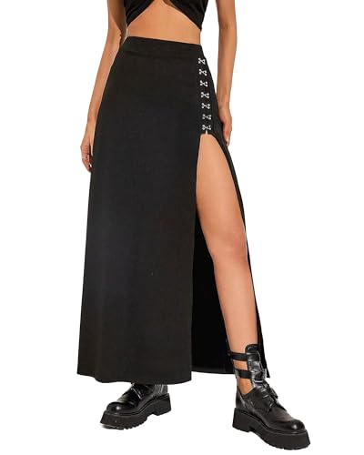 MATSUMIZUYU Black Gothic Punk Maxi Skirt for Women Casual High