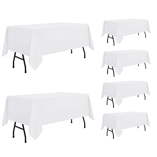 Image of sancua 6 Pack White Tablecloth 60 x 84 Inch, Rectangle Table Cloth for 4ft Tables - Stain and Wrinkle Resistant Washable Polyester Table Cover for Dining Wedding Banquet Party Buffet Restaurant