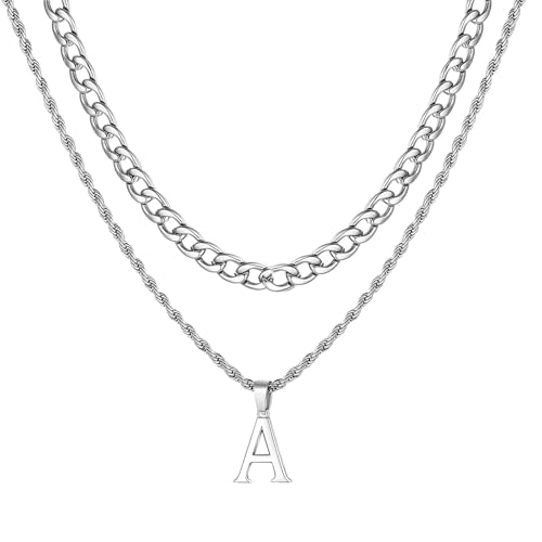 Collares iniciales para hombres, collar de letras A-Z 316L Collar de alfabina de enlace cubano de acero inoxidable Collar colgante de alfabé para novio Valentín regalo de San Valentín (Oro-A)