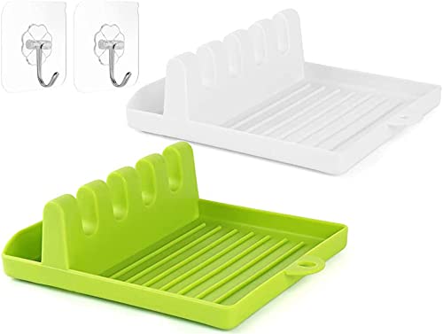 Kitchen Utensil Rest with Drip Pad, 2-PCS Spoon Rest for kitchen with Hanging Design, Spoon Holder for Stove Top, Kitchen Utensil Holder for Ladles, Tongs & Lid Storage (White & Green)