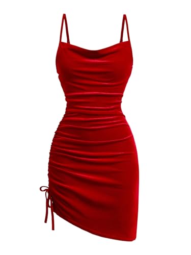 SHENHE Girl's Velvet Cowl Neck Dress Drawstring Ruched Bodycon Spaghetti Strap Holiday Dress