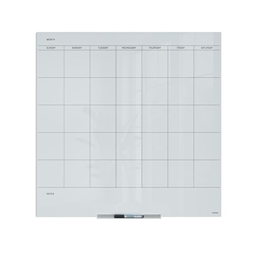 U Brands Glass Dry Erase Calendar for Wall, 36" x 36", Frameless Whiteboard Calendar Board for Wall, 3'x3', Includes Marker and Tray