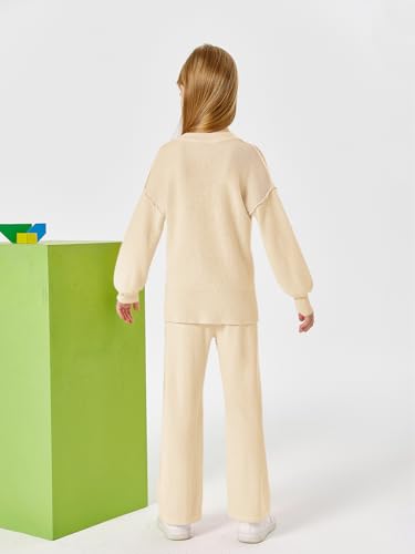 Image of Haloumoning Girls 2 Piece Outfits Kids Long Sleeve Crewneck Sweater Drawstring Wide Leg Long Pants Sweatsuits Sets 5-14T
