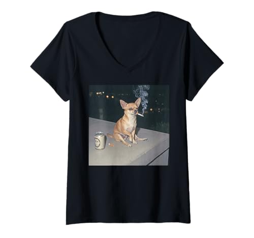 Women's Funny Dog Smoking Chihuahua Meme Cigarette Beer V-Neck T-Shirt
