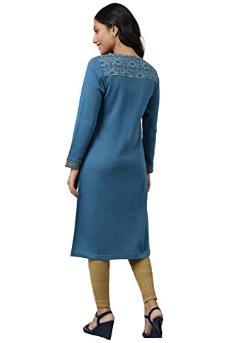 Image of Aurelia Women Faience Cotton Blend Floral Yarn Dyed Straight Kurta