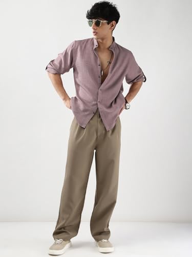Image of Urbano Fashion Men's Linen Blend Full Sleeve Relaxed Fit Mandarin Collar Casual Solid Shirt