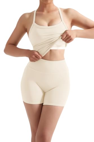 Image of SUUKSESS Women 2 Piece Workout Sets High Waisted Tummy Control Biker Shorts Halter Padded Tank Tops