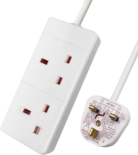 Double Socket Extension Lead 2 Meter 2 Way Mains Power 3 Pin Fused UK Plug Strip 13A 2 Gang Extension Lead 2m Cable White Suitable For Outdoor Home