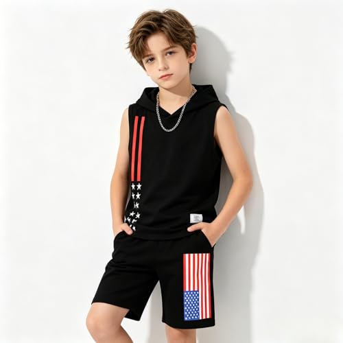 Image of Size 6-12 Years Boys Summer Clothes Hooded Sleeveless Tank Tops Workout Shorts 2 Piece Set Fashion Outfits