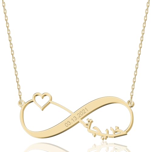UMAGICBOX Collier Personnalisé avec Nom en Arabe et Symbole Infini - Bijoux Gravés avec Dates/Messages - Argent Sterling/Acier Inoxydable - Cadeau pour Femme, Anniversaire, Saint-Valentin, Mariage