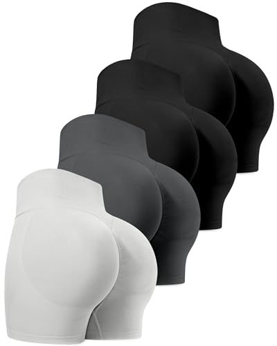 CHRLEISURE Workout Gym Biker Shorts, High Waisted Butt Lifting Scrunch Butt Sports Seamless Shorts Sets 4 Piece (2BlackDGrayLGray,L)