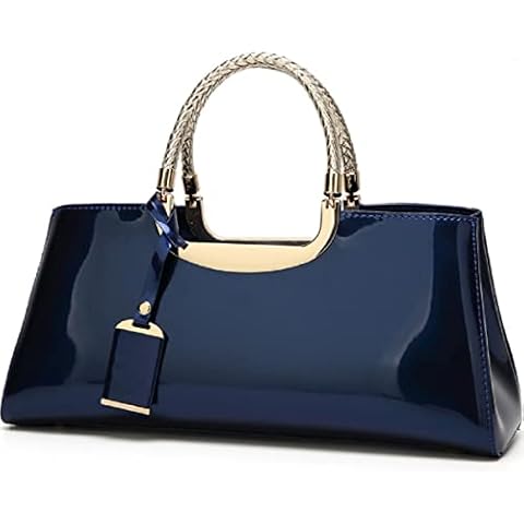 XingChen Glossy Women Handbag Faux Patent Leather Top-Handle Bag Structured Shoulder Bag Tote Evening Purse Party Satchel(Blue) Cover