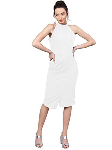 Image of Shasmi Women's Comfortable Red Halter Neck Sleeveless Solid Midi Bodycon Casual Western Stylish Dress