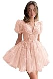 Qgeno Short Tulle Homecoming Dresses 3D Butterfly Puffy Fairy HOCO Dress Blush Pink Corset Princess Prom Cocktail Party Gowns for Teens US6
