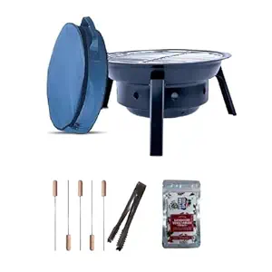 Peng Essentials Fold Grill Foldable Charcoal BBQ Set for Home | Easy Assembly, Heat Resistant & Anti-Rust | Includes Skewers, Tong, Spices & Carry Bag (Black)