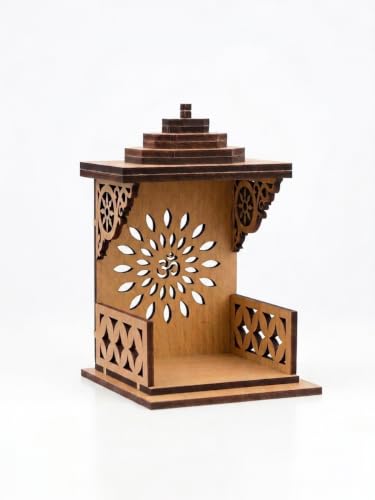 Image of Handcrafted Wooden Car Dashboard Temple, Walnut Finish, Laser-Cut Om Floral Design, MDF Mandir for Car Interior (Open Side Temple Golden Oak Finish)