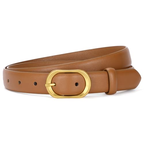 Image of VONMELLI Women Belt for Jeans with Gold Oval Buckle, Thin Belt for Dresses Pants, Adjustable Waist Belt for Daily Fashion Brown-vintage Buckle XS