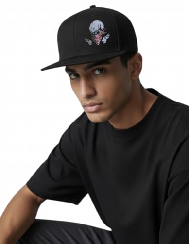 Image of Tai & Zai Black Snapback Hat with Printed, Adjustable Flat Brim Cap, Six Hole Breathable Design