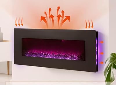 YODOLLA 50" Electric Fireplace Wall Mounted with Remote Control, 750/1500W Led Fireplace Heater with 10 Colors of Flame & Backlight, Log/Crystal Options