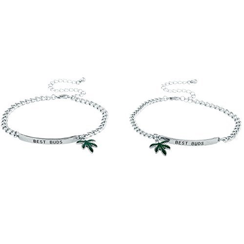Lux Accessories SilverTone Best Buds BFF Friends Marijuana Leaf Bracelet Set 2PC