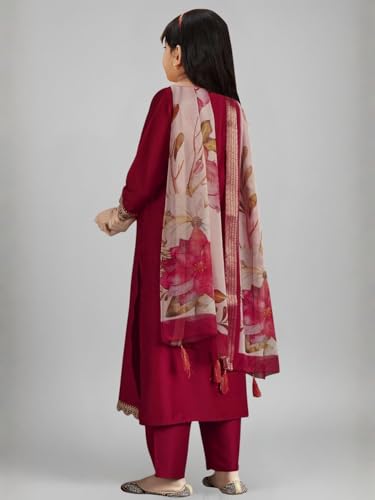 Image of Girls Ethnic Embroidered Silk Kurta Pant and Jacquard Dupatta Set | Kids Salwar Suit | three piece Traditional Outfit