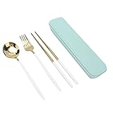 ANKROYU Juego de cubiertos de viaje de acero inoxidable, palillos portátiles, cuchara, tenedor, vajilla, utensilios anticorrosión antideslizantes de primera calidad para acampar, o (Blanca con oro)