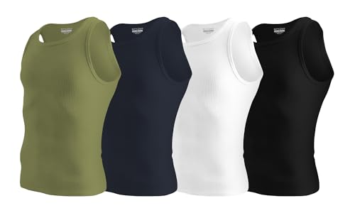 Image of Spyder Men's Performance Tank Top A-Shirts Moisture Wicking Stretch Undershirt Quick Dry Athletic Ribbed Tank Poly Spandex, Green/Dark Navy/White/Black, Medium