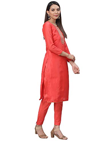 Image of AKHILAM Women's Chanderi Cotton Embroidered Unstitched Salwar Suit Material (Red 32DMK80 M Parent)