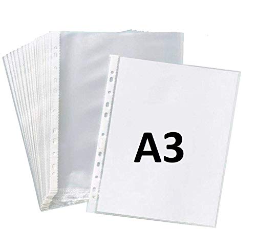 Image of True-Ally Heavy Duty 25 Pcs 150 Micron Transparent Document Sleeves, Leaf Sheet Clear Certificates /Waterproof Sheet Protectors 11 Holes Punched Ring Files Folder (A3 Size) (25 Sheets - 150 Micron)
