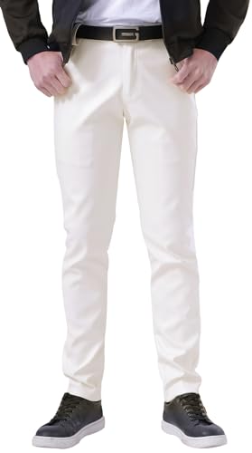 FEOYA Pantalones de Cuero Ajustados para Hombre, elásticos, de Poliuretano, con Aspecto húmedo, con Pierna Recta, para Motociclista, Bar, Discoteca, espectáculo, Cosplay, Cintura Media, Blanco, 34W