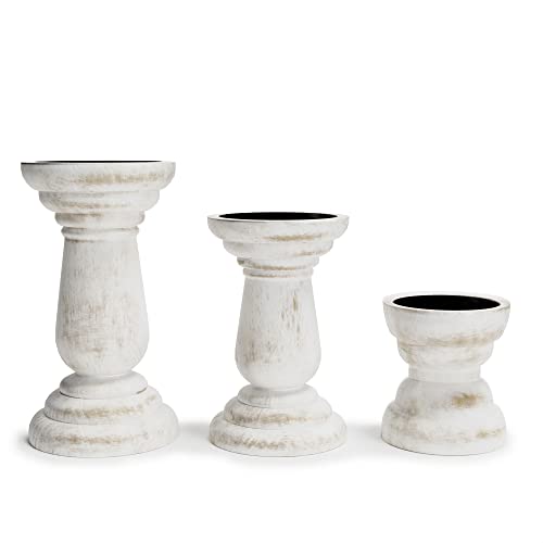 Barnyard Designs Pillar Candle Holder For Pillar Candles, Small Wooden Candlestick Holders, Farmhouse Candle Holders For Table Centerpiece, Rustic Candle Holder Set Of 3, (4", 6", 8"), Whitewash #TOP6