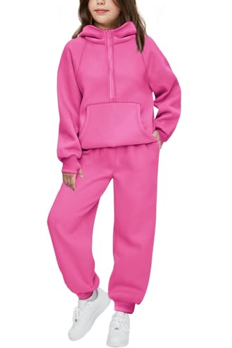 Image of Arshiner Girls 2 Piece Outfits Sweatsuit Half Zip Sweatshirt and Sweatpants | Fall Winter, Drop Shoulder Long Sleeve, Thumbhole Hoodies, with Sweatpant, Jogger Set, Sweat Set, Tracksuits with Pockets