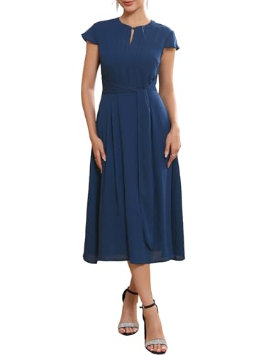 WOMLAYOUT Women's Chiffon Cocktail Dress Cap Sleeve Tie Waist Formal