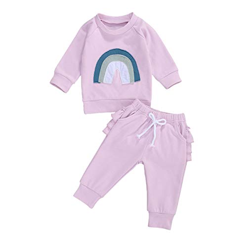 Infant Baby Girls Clothes Outfits Fall/Winter Rainbow Outfits Long Sleeve Top Pants Set 2 Piece Fall Outfit for Kids Sweatsuit Set (Pink, 2-3Years)