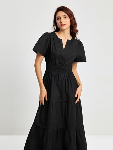 ShallWe Women's Black Summer Dress Casual Long Maxi Short Sleeve Layered Cotton V Neck A Line Flowy Dresses for Women 20253