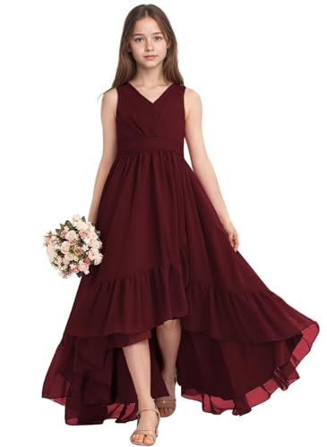 dideyttawl Long V-Neck Junior Bridesmaid Dresses for Teens Pleated Chiffon A-Line High Low Flower Girls Dress 2511