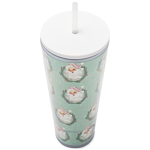 Mary Square Smiling Santa In Holly Wreath 24 Ounce Acrylic Christmas Travel Tumbler With Straw #TOP1