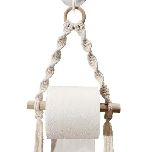 Macrame Toilet Paper Holder Boho Toilet Roll Holder Bathroom Self-Adhesive Accessories for Rustic, Farmhouse, Boho, or Kitchen