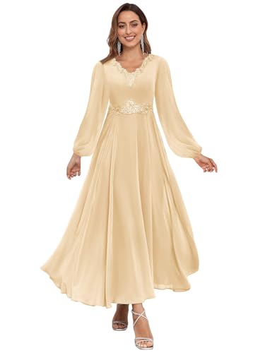 Women's Tea Length Mother of The Bride Dresses Long Sleeves V Neck Flowy Chiffon A Line Formal Evening Gown4