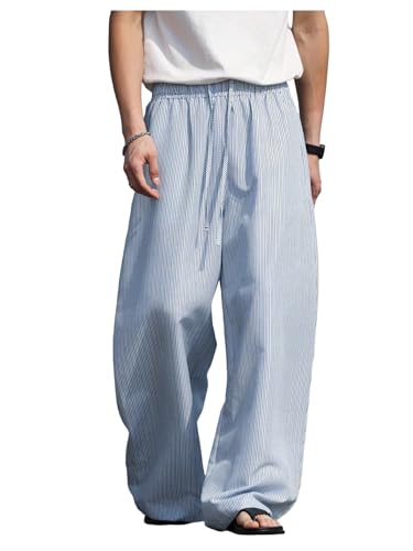 GORGLITTER Men's Striped Baggy Pants Wide Leg Drawstring Lightweight Trouser Y2K Barrel Track Pants