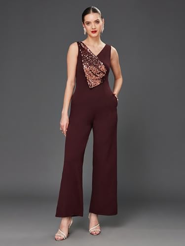 Image of Miss Chase Women's Halter Neck Sleeveless Solid Wide Leg Sequin Paneled Regular Length Jumpsuit