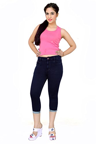 Image of FCK-3 Stretchable Denim Solid Mid Waist Knee Length Button Closure 5 Pocket Capree for Women