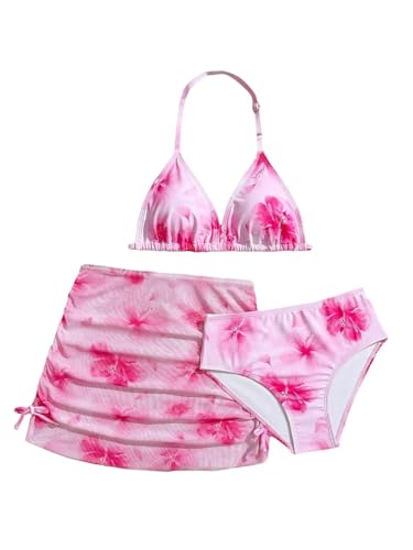 Image of RoseSeek Girl's 3 Piece Cute Bowknot Bathing Suit Halter Triangle High Waisted Swimsuit with Beach Cover Up Skirt