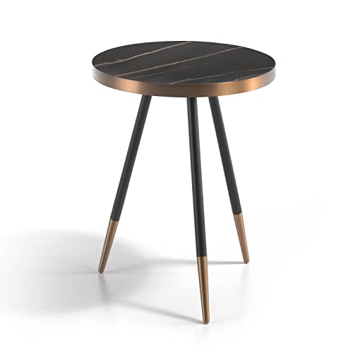 Angel CERDÁ - Ecktisch rund klein Beistelltisch mit Marmoroberfläche Schwarz Porzellan und Stahlbeine mit Chrombad Farbe Bronze Cover