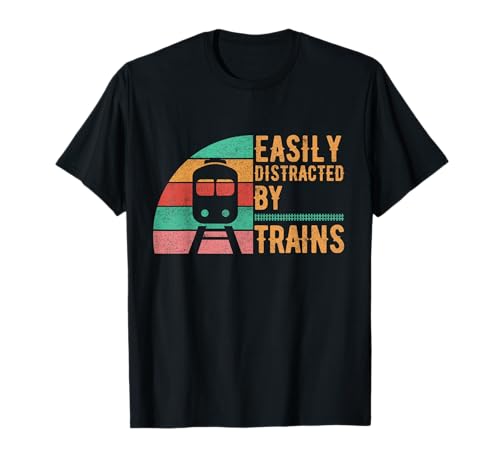 Retro Vintage Funny Easily Distracted By Trains Railway T-Shirt