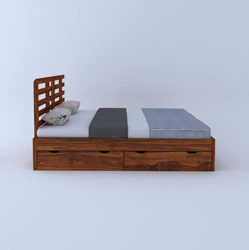 Image of Ganpati Arts Solid Sheesham Wood King Size Strap Bed with 4 Drawers Storage for Bedroom | Wooden Double Bed Cot Palang Furniture for Living Room Home and Hotel - (Honey Finish) 1 Year Warranty