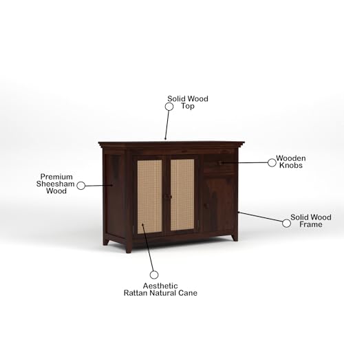 Image of PS DECOR Solid Sheesham Wood Sideboard Cabinet with Rattan Cane Doors & Storage Drawer | Multipurpose Storage Unit for Living Room & Dining Area (B-Walnut Finish)