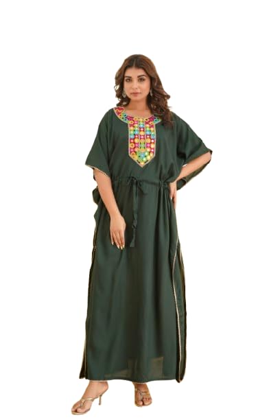 modi factory Tribal Mirror Embroidered Kaftan with Adjustable Waist & Ethnic Charm Long Kaftan..(Green)-picture-53
