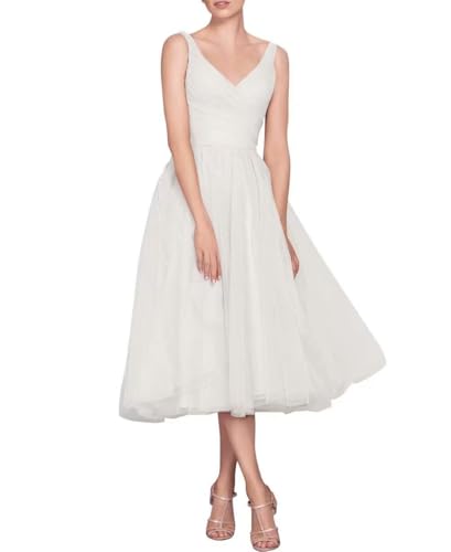 Tea Length A-Line V Neck Formal Evening Party Gowns for