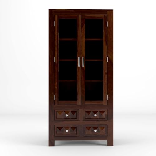 Image of Wood Book Shelf for Home Library | Book Shelf with Glass Door | Kitchen Crockery Cabinet, Almirah, Home,Office Study Room Furniture Books Rack (Walnut Finish)
